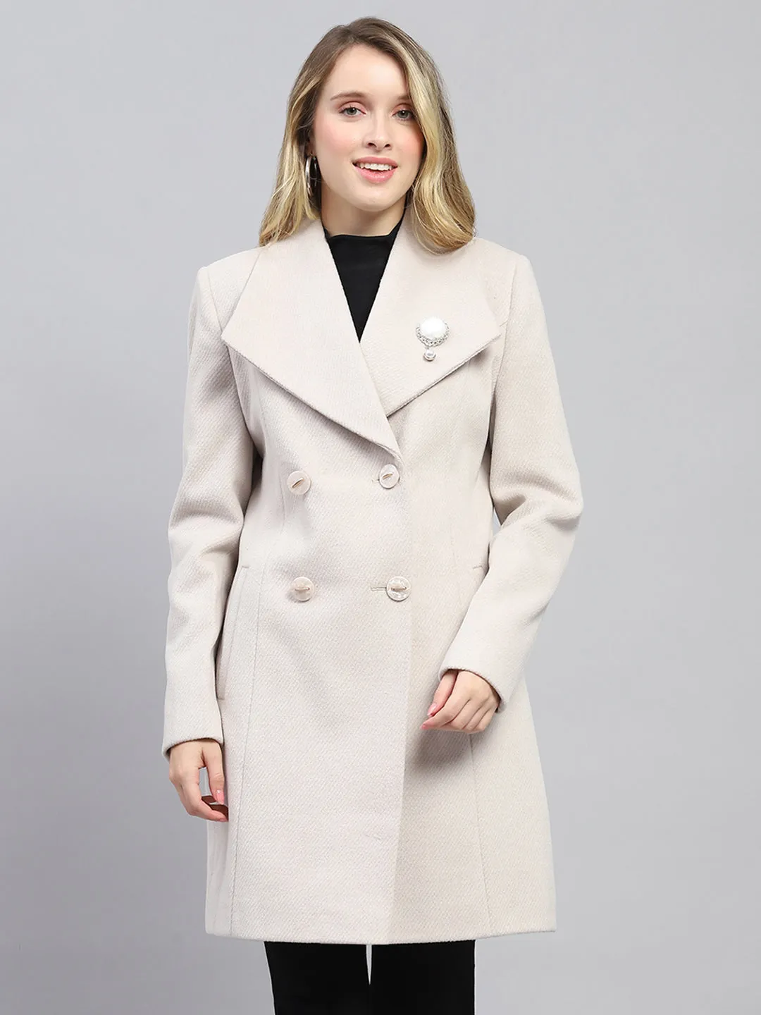 Women Cream Self Design Collar Full Sleeve Coat