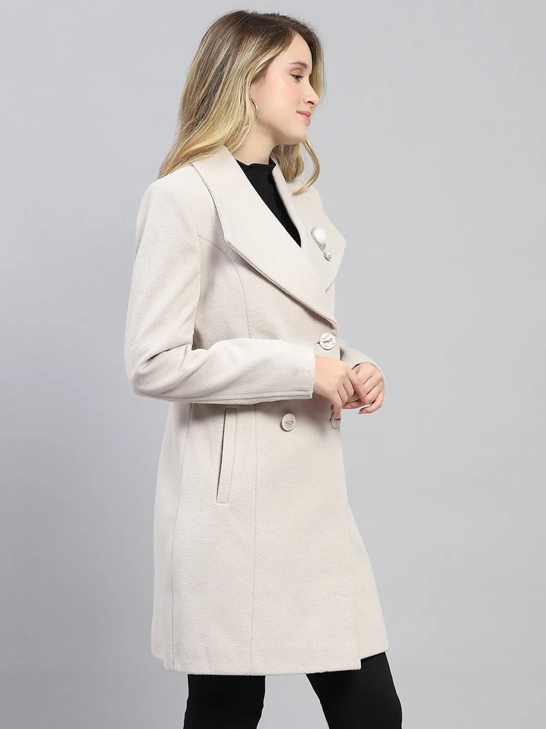 Women Cream Self Design Collar Full Sleeve Coat