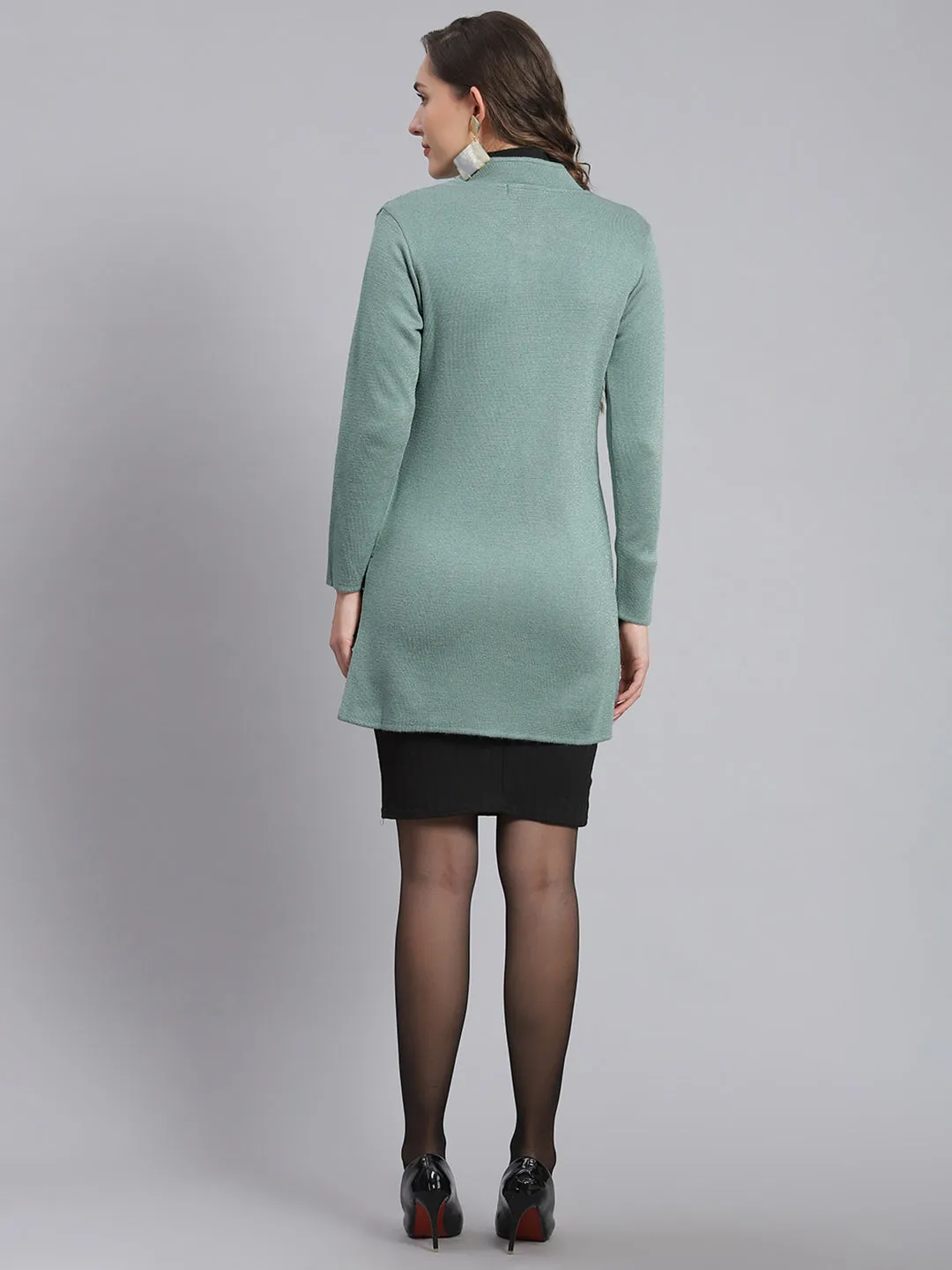 Women Green Self Design Mandarin Collar Full Sleeve Coats