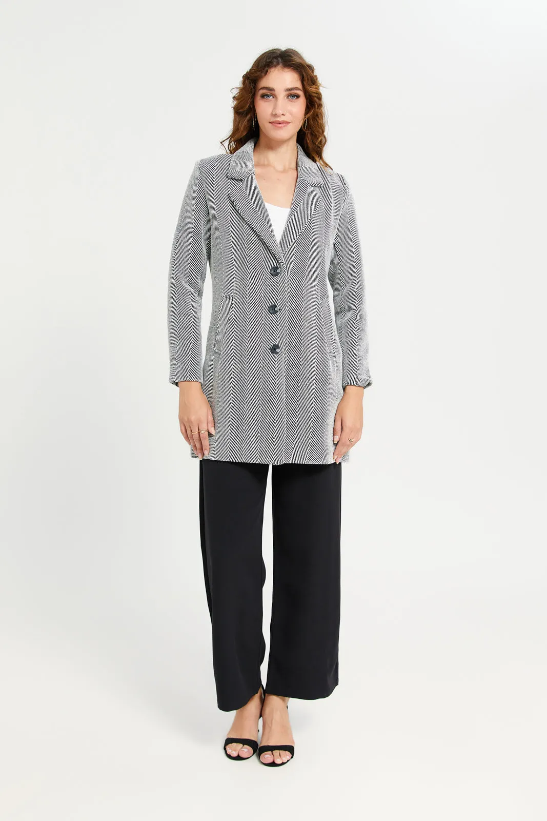 Women Grey Jacquard Long Coat