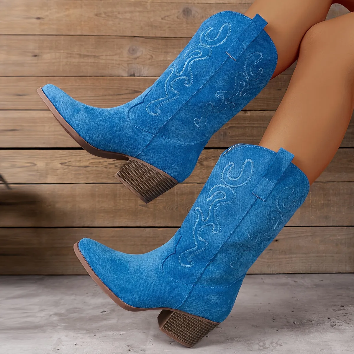 Womens Chic Embroidered Western Boots - Trendy Chunky Heel Mid-Calf Style, Pointed Toe Comfort for Vacation Wear