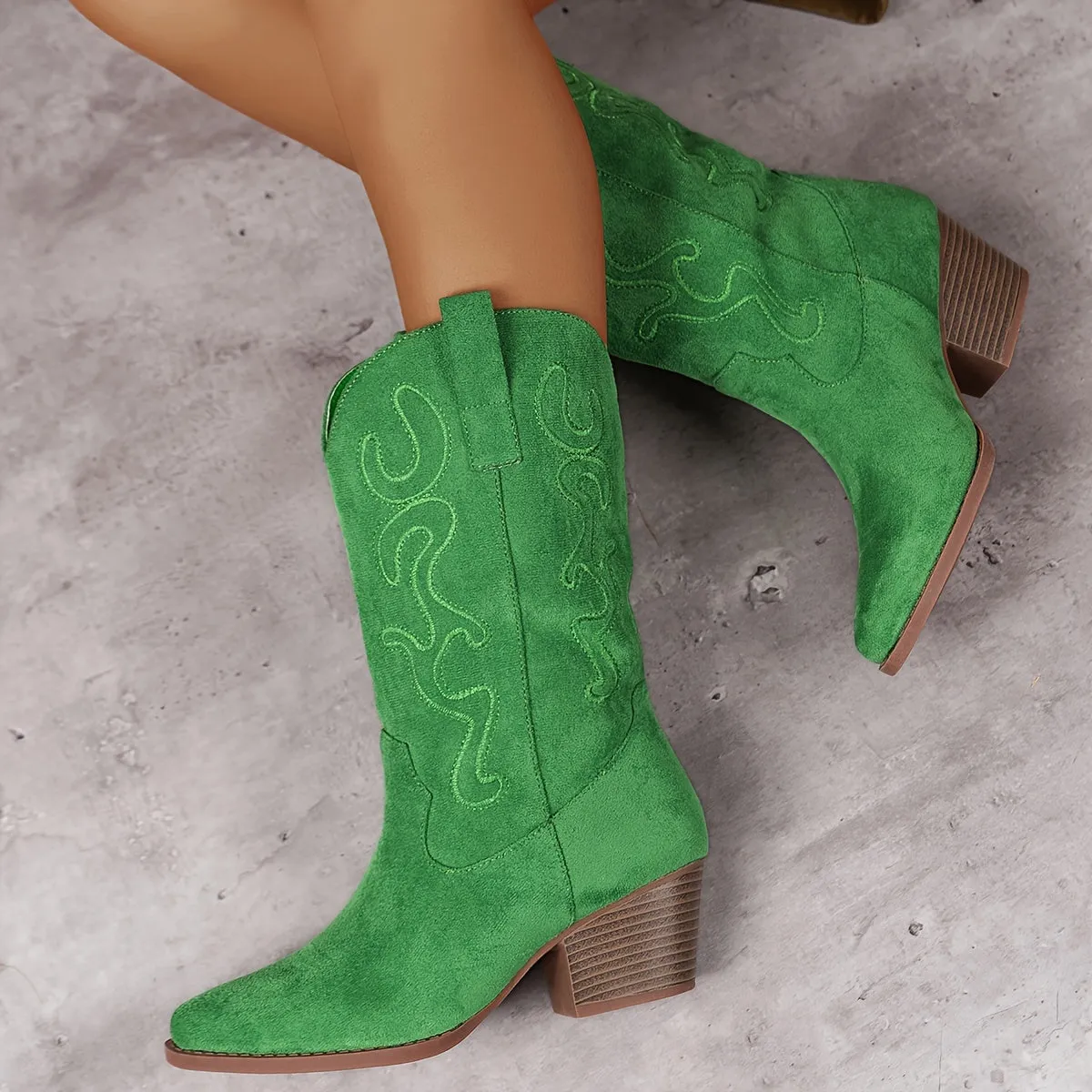 Womens Chic Embroidered Western Boots - Trendy Chunky Heel Mid-Calf Style, Pointed Toe Comfort for Vacation Wear