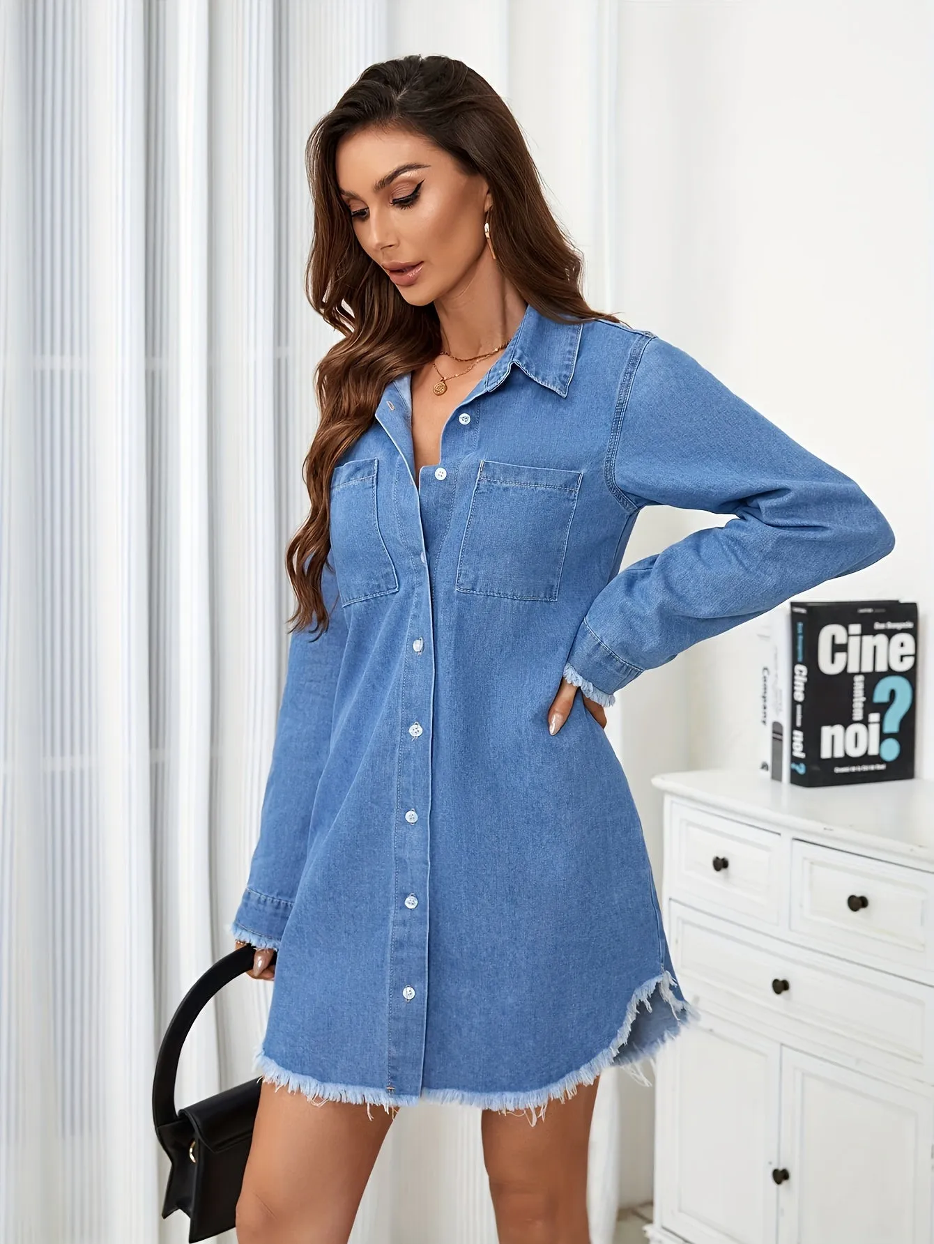 Womens Chic Plain Denim Shirt Dress - Long Sleeve with Stylish Button Front, Trendy Frayed Hem - A Versatile Casual Jean Dress for Fashion-Forward Ladies