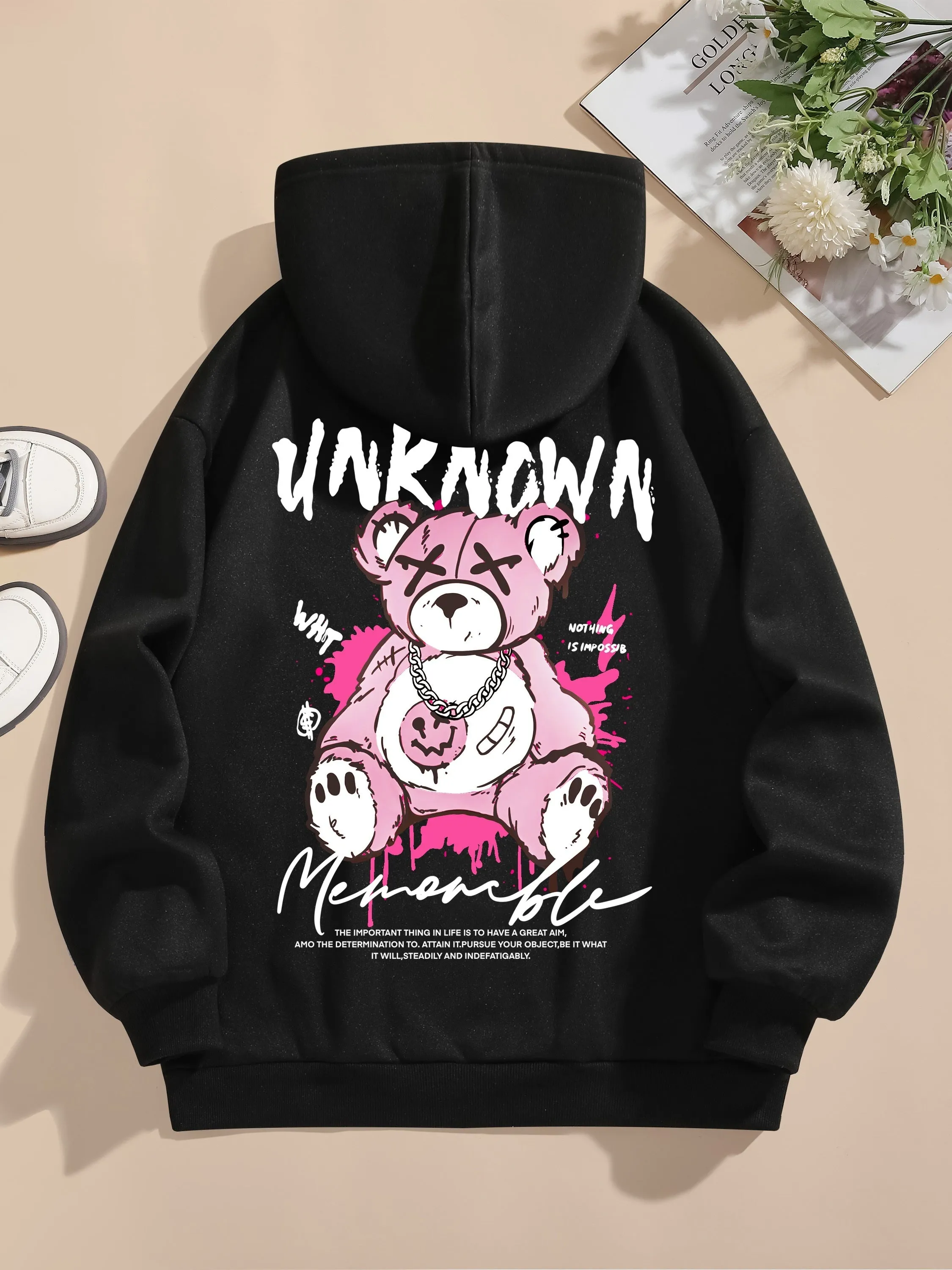 Womens Cute Cartoon Bear Print Hooded Sweatshirt - Soft Long Sleeve Drawstring Casual Wear - Trendy Comfortable Relaxed Fit for Everyday Fashion