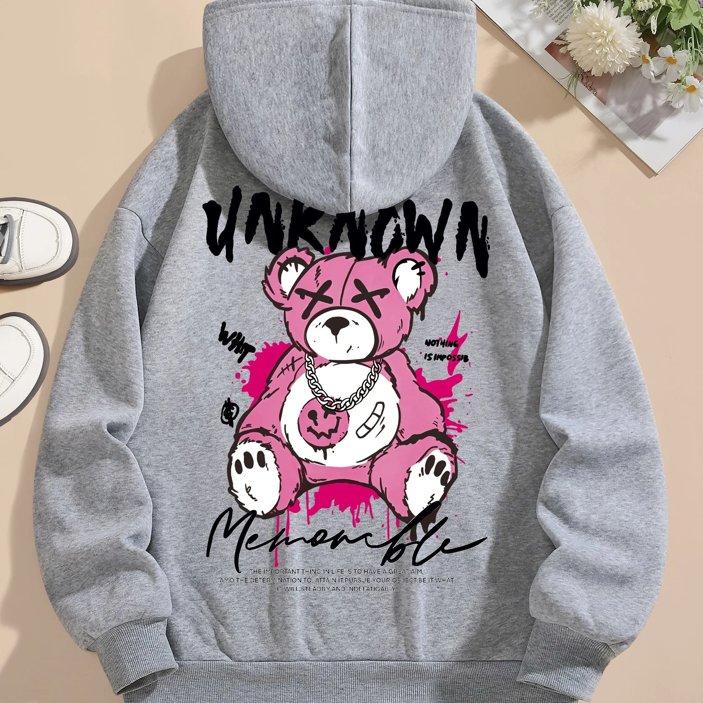 Womens Cute Cartoon Bear Print Hooded Sweatshirt - Soft Long Sleeve Drawstring Casual Wear - Trendy Comfortable Relaxed Fit for Everyday Fashion