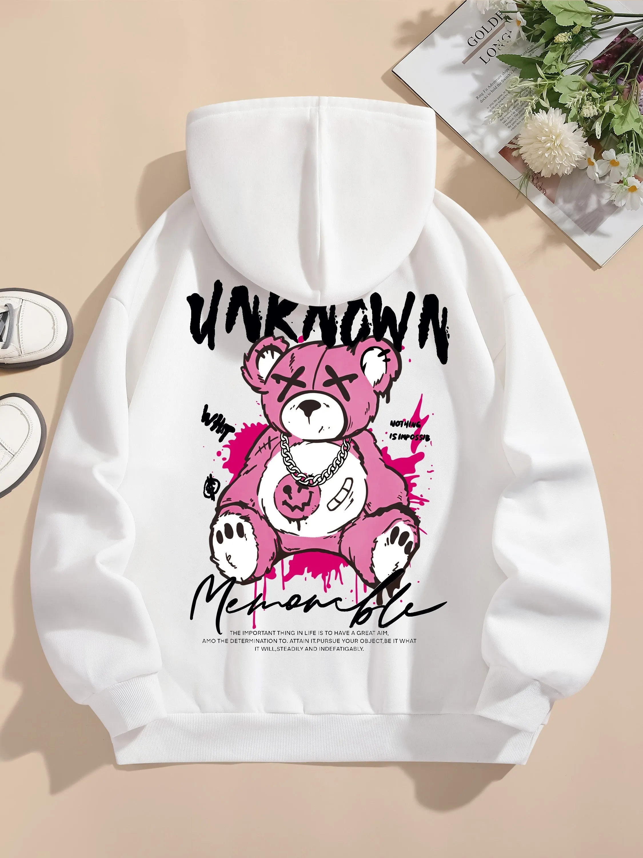 Womens Cute Cartoon Bear Print Hooded Sweatshirt - Soft Long Sleeve Drawstring Casual Wear - Trendy Comfortable Relaxed Fit for Everyday Fashion