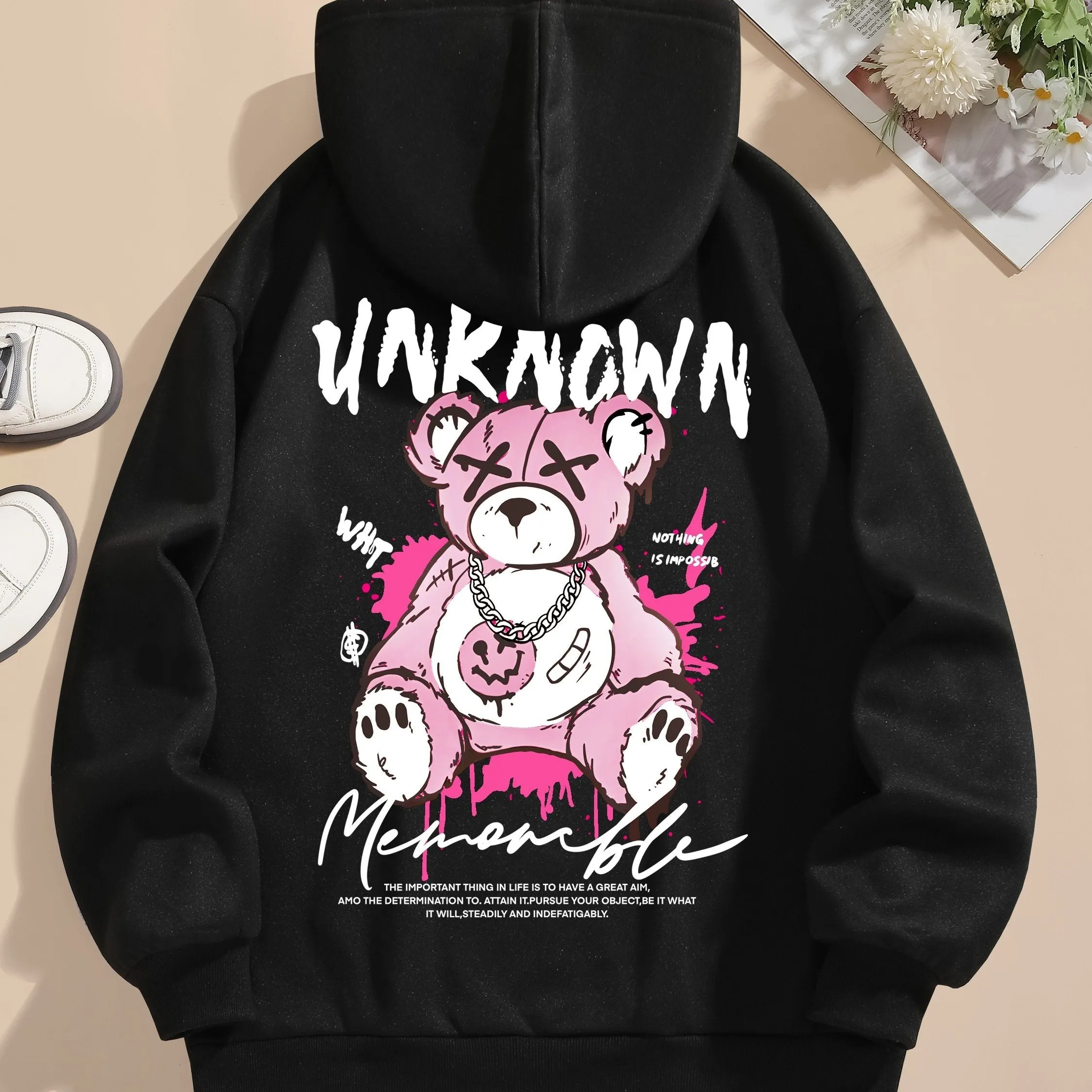 Womens Cute Cartoon Bear Print Hooded Sweatshirt - Soft Long Sleeve Drawstring Casual Wear - Trendy Comfortable Relaxed Fit for Everyday Fashion