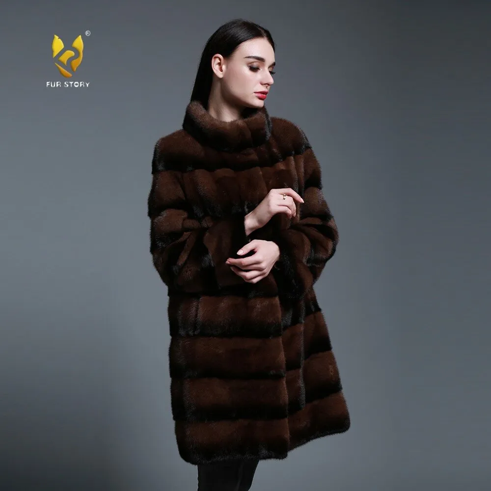 Women's Genuine Mink Fur Coat Long Sleeve Striped Brown Color Outerwear 161206