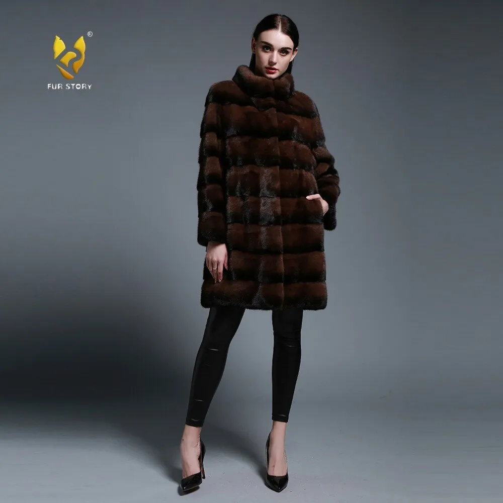 Women's Genuine Mink Fur Coat Long Sleeve Striped Brown Color Outerwear 161206