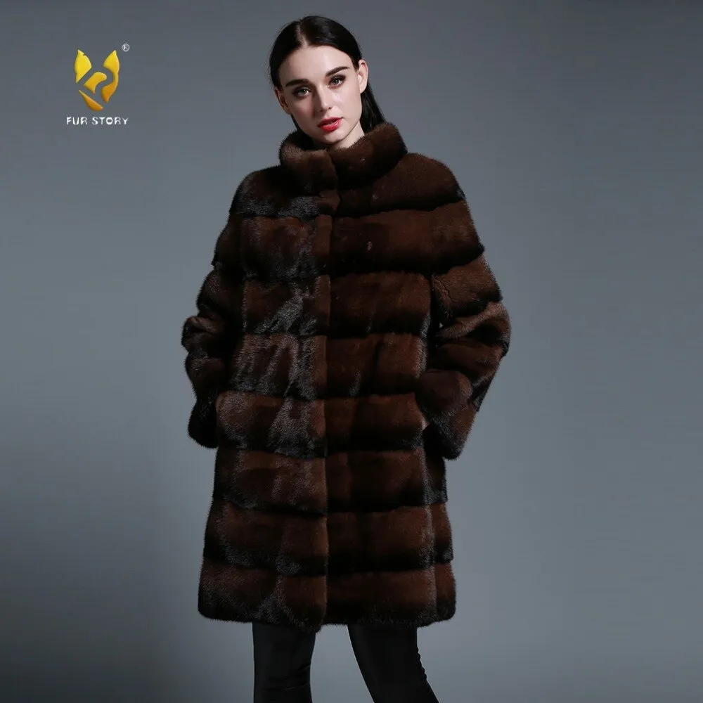 Women's Genuine Mink Fur Coat Long Sleeve Striped Brown Color Outerwear 161206