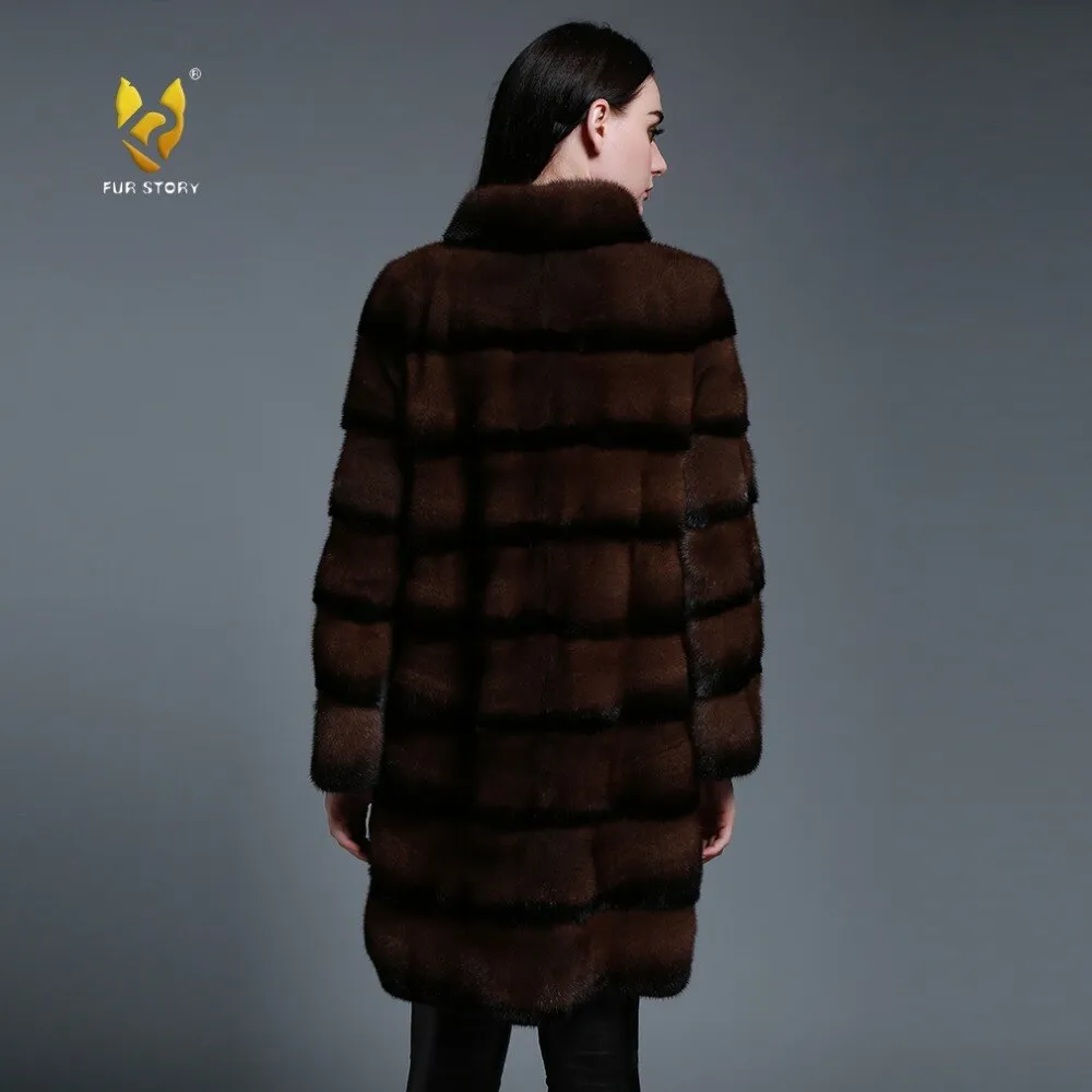 Women's Genuine Mink Fur Coat Long Sleeve Striped Brown Color Outerwear 161206