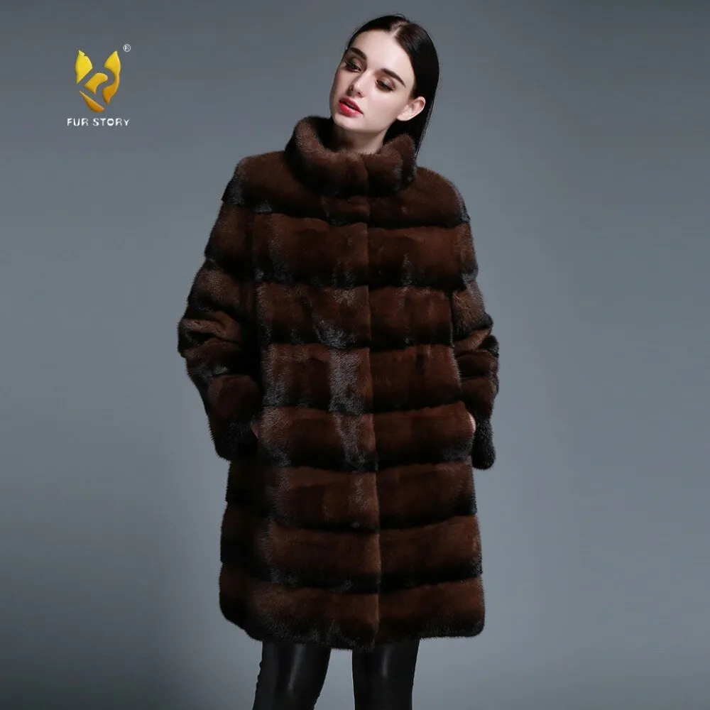 Women's Genuine Mink Fur Coat Long Sleeve Striped Brown Color Outerwear 161206