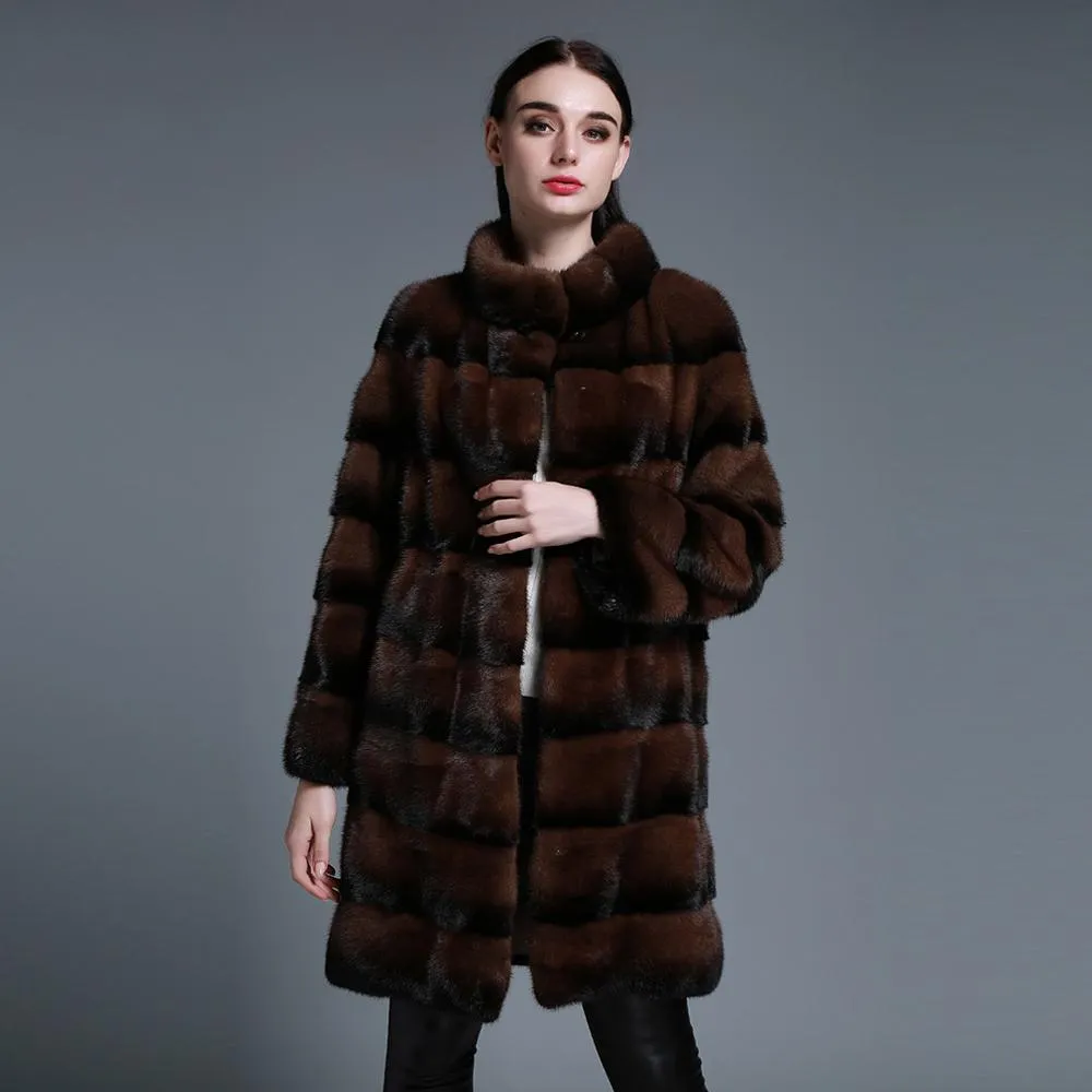 Women's Genuine Mink Fur Coat Long Sleeve Striped Brown Color Outerwear 161206