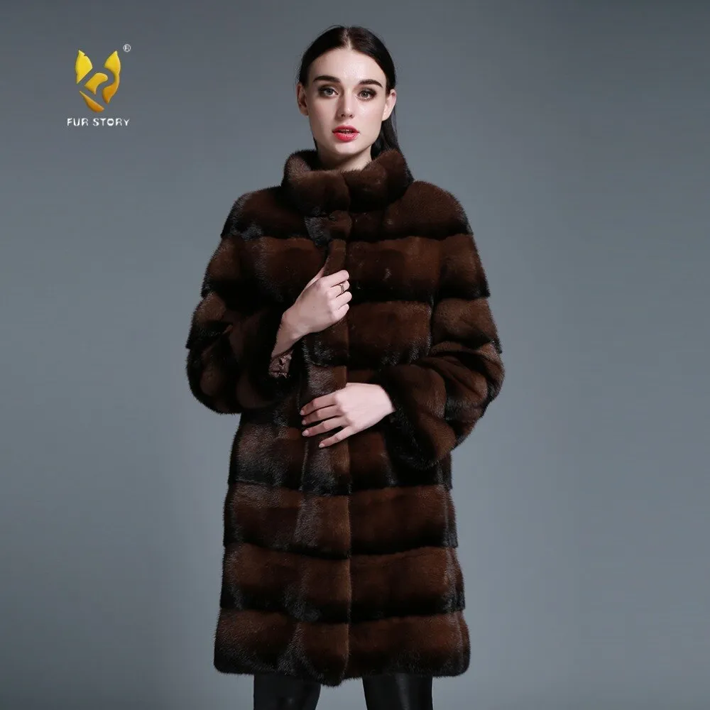 Women's Genuine Mink Fur Coat Long Sleeve Striped Brown Color Outerwear 161206