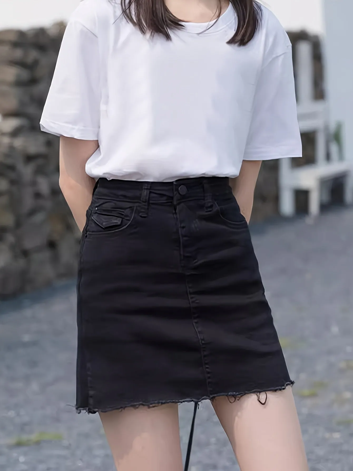 Women's High-Waist Frayed Hem Denim Skirt, Summer Vintage Casual A-Line Skater Skirt, Stretchy Slim Fit Jean Mini Skirt, Trendy Streetwear