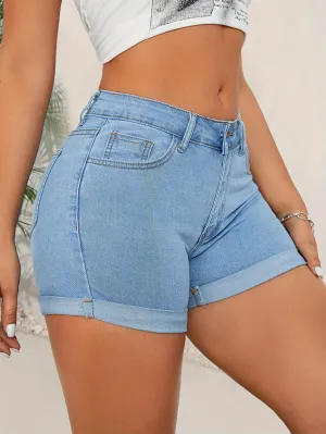 Womens High-Waisted Stretch Denim Shorts - Comfortable Fit, Flattering Design - Light Blue, Casual Elegant Style - Trendy Rolled Hem Jean Shorts for Effortless Spring/Summer Chic