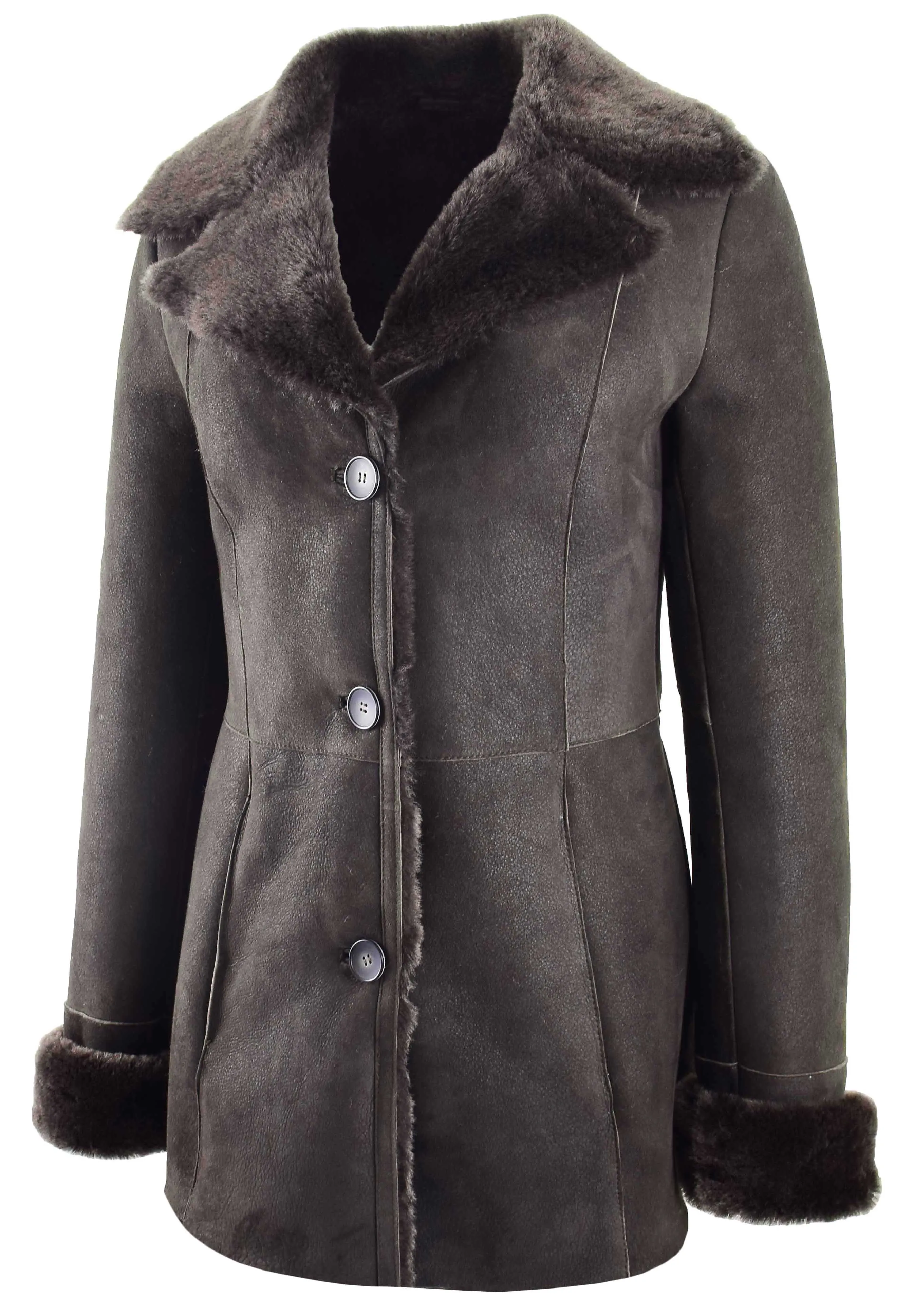 Womens Real Sheepskin Brown Brisa Jacket Classic 3/4 Mac Merino Shearling Trench Zona