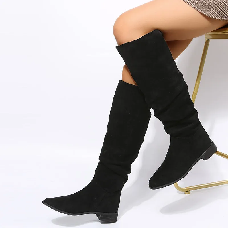 Women's Solid Color Trendy Boots, Slip On Comfy Block Heel Boots, Round Toe Mid Calf Winter Boots