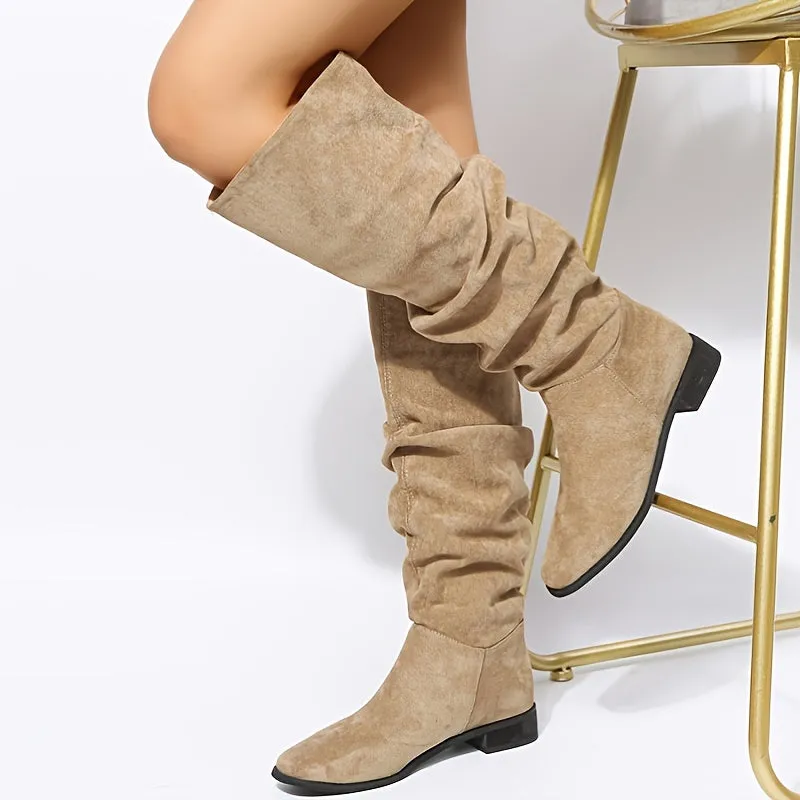 Women's Solid Color Trendy Boots, Slip On Comfy Block Heel Boots, Round Toe Mid Calf Winter Boots