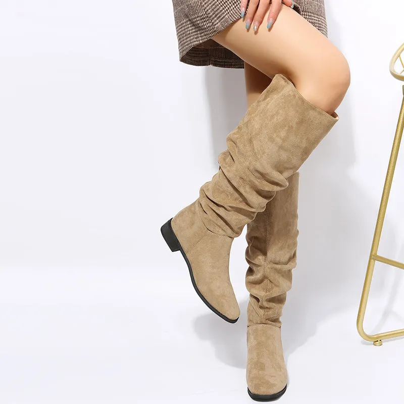 Women's Solid Color Trendy Boots, Slip On Comfy Block Heel Boots, Round Toe Mid Calf Winter Boots