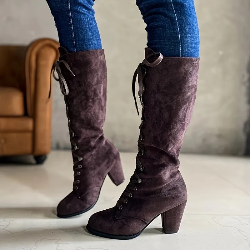 Womens Solid Hue Chunky Heel Knee High Boots - Fashion-Forward Lace-Up Design, Luxuriously Comfortable, Dress-to-Impress - Stylish and Trendy