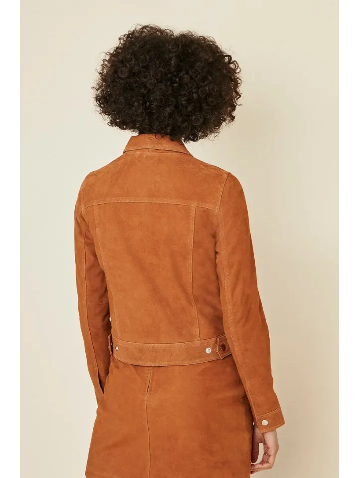 Women’s Tan Brown Suede Leather Trucker Jacket